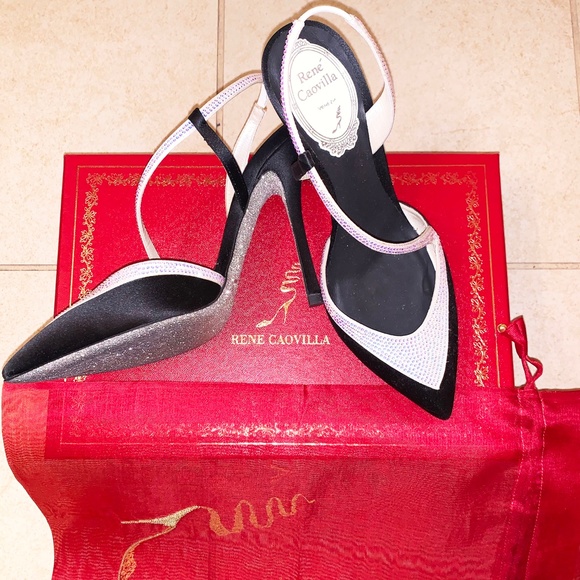 Rene Caovilla Black Silver Spark Pointed Toe Pumps - Picture 1 of 8